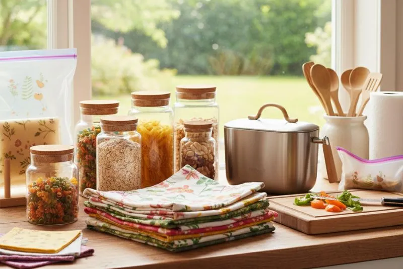 Glass jars and cloth napkins for zero waste food storage