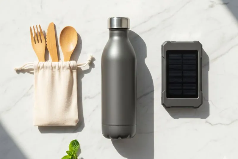 Eco-friendly gadgets including bamboo utensils and metal straw