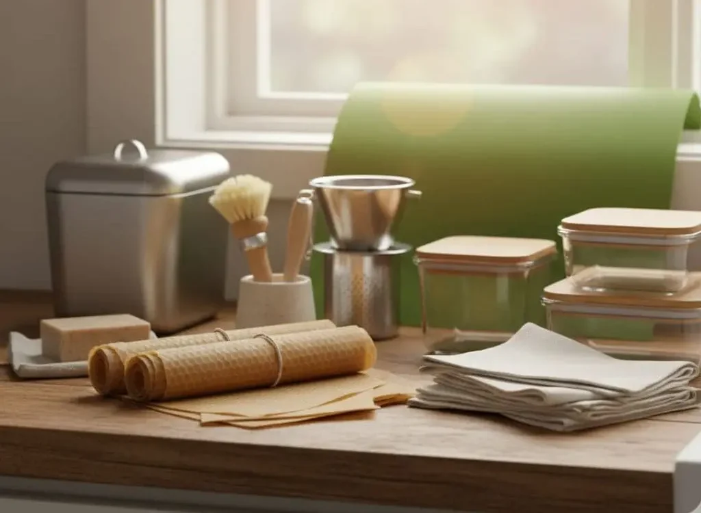 Sustainable kitchen tools including bamboo brushes and metal filters
