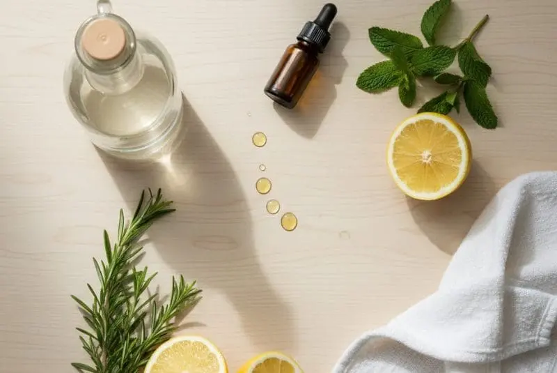 Ingredients for DIY eco-friendly all-purpose cleaner with lemon and essential oils
