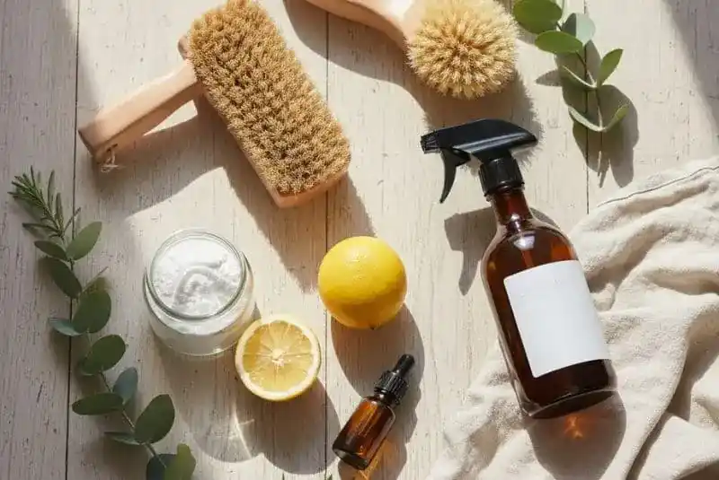 Ingredients for DIY eco-friendly bathroom scrub with baking soda, lemon, and essential oils