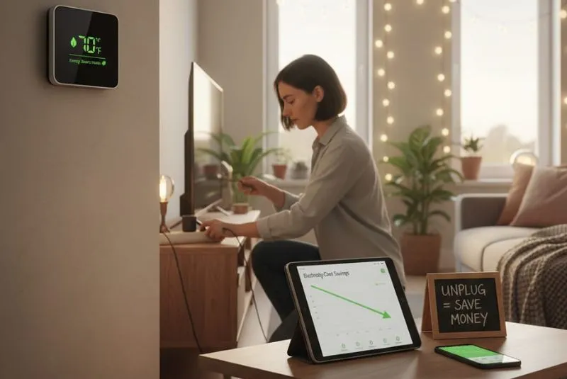 A woman tracking home electricity usage to apply the best energy saving tips 2026