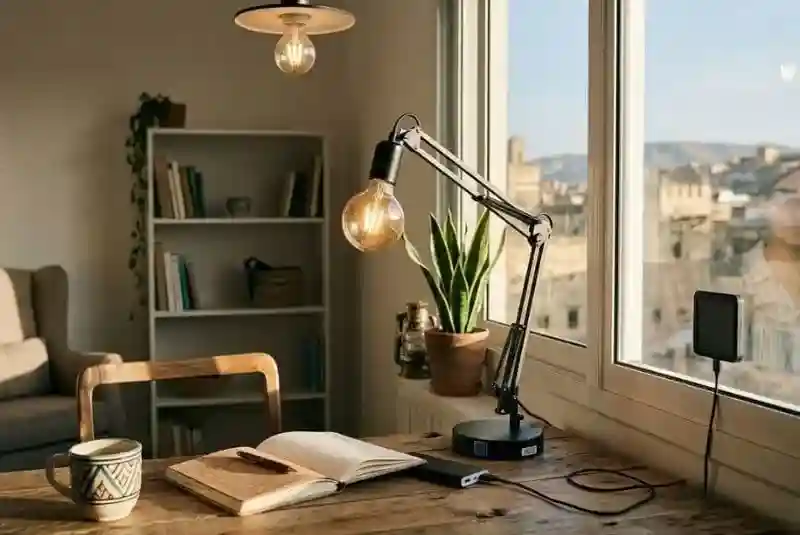 Warm white energy saving LED light bulbs in a sustainable Fes apartment setup with a solar charger