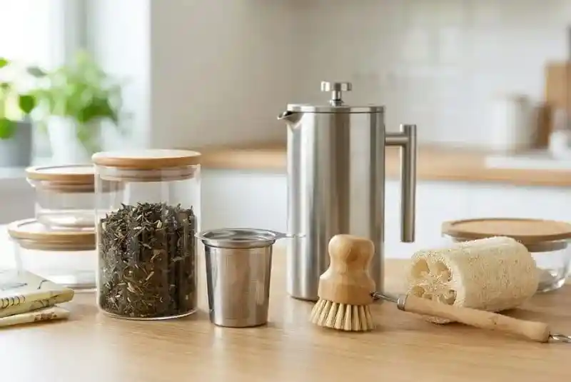 Plastic free zero waste lifestyle guide in 2026: minimalist kitchen with glass jars and eco-friendly tools