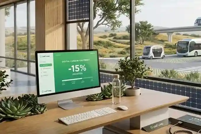 A modern sustainable banking office in USA with eco-friendly chargers and solar panels