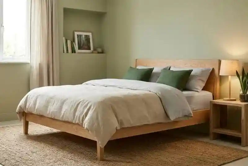 Green Bedroom Ideas Calm sage bedroom with sustainable wooden furniture and organic bedding
