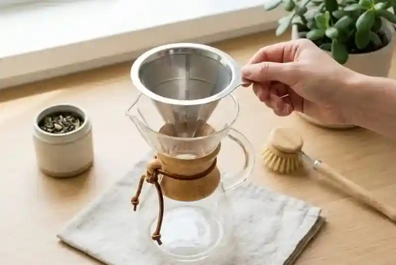 Stainless steel reusable coffee filter and glass brewer for a plastic free zero waste lifestyle