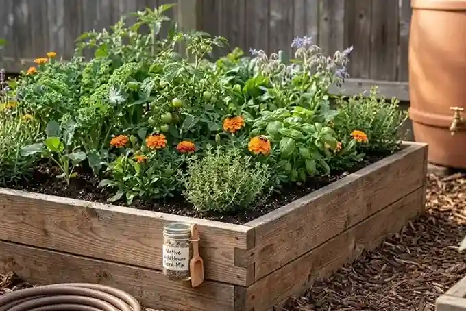 Sustainable Gardening thriving urban garden with organic herbs, natural wood planters, and a rainwater harvesting barrel